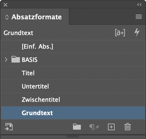 Adobe InDesign Bedienfeld «Absatzformate» mit verschiedenen Formaten