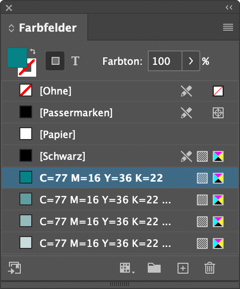 Adobe InDesign Bedienfeld «Farbfelder» mit verschiedenen Farbabstufungen