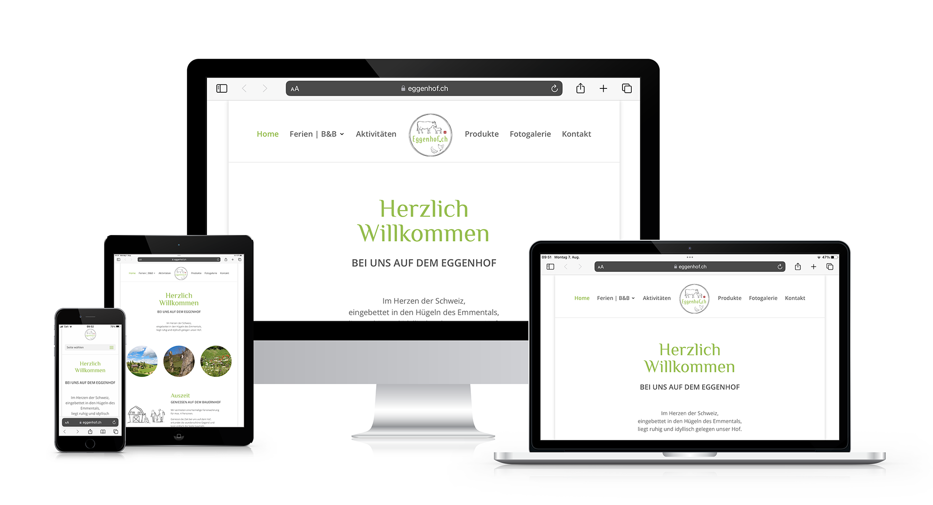 Mockup mit Darstellung der Website «eggenhof.ch» für Desktop, Laptop, Tablet und Smartphone